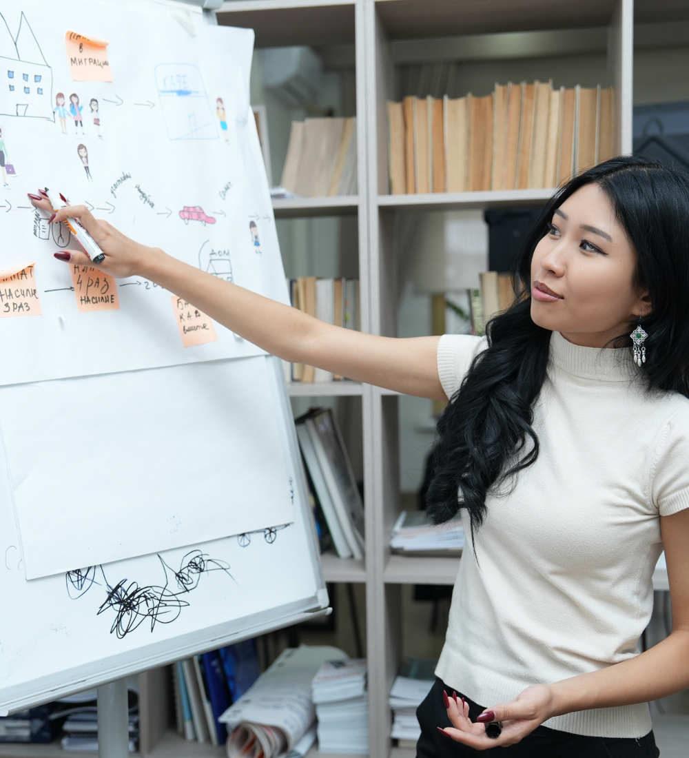 Young woman pointing at whiteboard